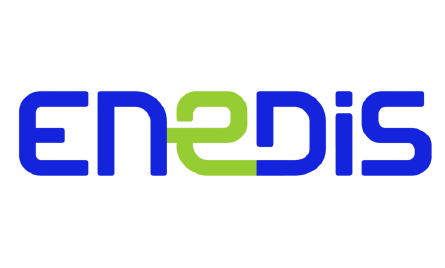 Logo Enedis : lettrage stylisé “ENEDIS” en bleu avec les lettres “E” et “D” centrales reliées et colorées en vert.