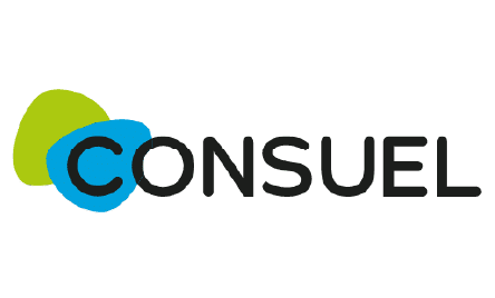 Logo de l’organisme CONSUEL : un « C » stylisé en noir posé sur deux formes organiques, l’une vert lime et l’autre bleu clair, suivi du lettrage « CONSUEL » en caractères noirs.